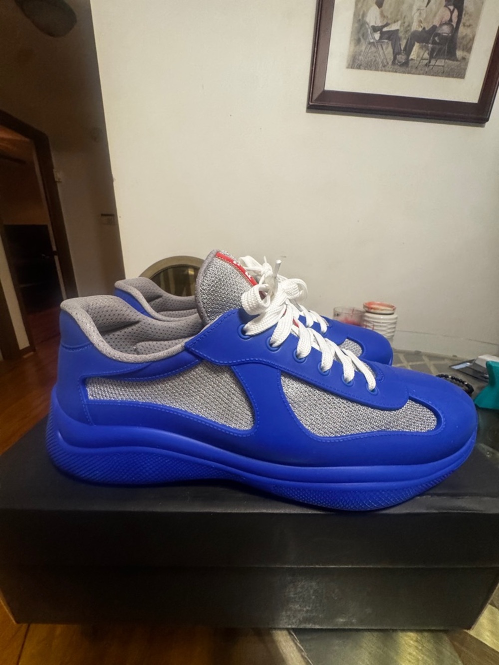 Prada Men's Royal Blue and Grey Mesh Low-Top Sneakers